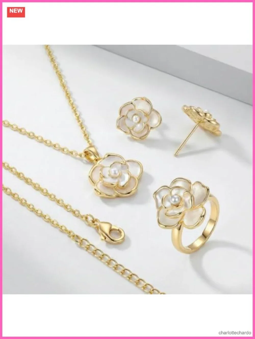 Rose Gold Plated White Rose Necklace Earring Set Women